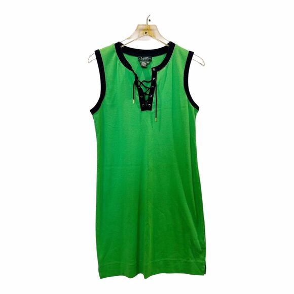 Lauren Ralph Lauren LRL Lace Up Front Sleeveless Tunic Dress Green Blue Trim PL - Picture 1 of 3